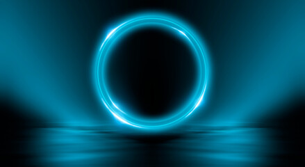 Neon circle. Dark street, neon light, smoke. Abstract dark background with neon glow, Wet asphalt, reflection on the water. Neon Rays and Lines.