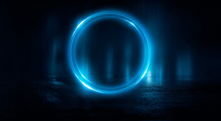 Neon circle. Dark street, neon light, smoke. Abstract dark background with neon glow, Wet asphalt, reflection on the water. Neon Rays and Lines.
