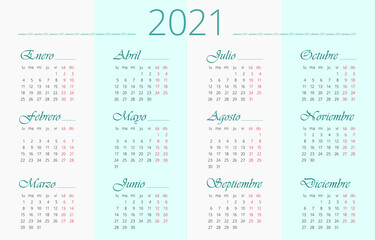 Spanish 2021 year calendar. 12 months. Week starts on Monday. Horizontal poster, banner, web