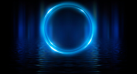 Neon circle. Dark street, neon light, smoke. Abstract dark background with neon glow, Wet asphalt, reflection on the water. Neon Rays and Lines.