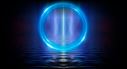 Neon circle. Dark street, neon light, smoke. Abstract dark background with neon glow, Wet asphalt, reflection on the water. Neon Rays and Lines.