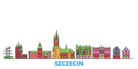 Poland, Szczecin cityscape line vector. Travel flat city landmark, oultine illustration, line world icons - obrazy, fototapety, plakaty