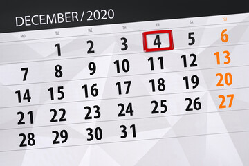 Obraz premium Calendar planner for the month december 2020, deadline day, 4, friday