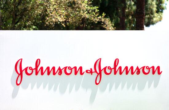 Johnson & Johnson sign at multinational corporation office in Silicon Valley. Johnson & Johnson is an American multinational corporation - Milpitas, CA, USA - 2020