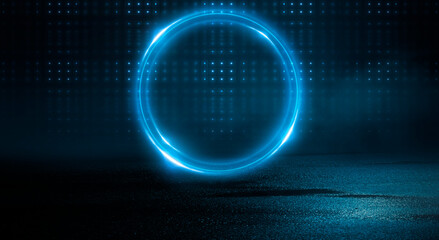 Neon circle. Dark street, neon light, smoke. Abstract dark background with neon glow, Wet asphalt, reflection on the water. Neon Rays and Lines.
