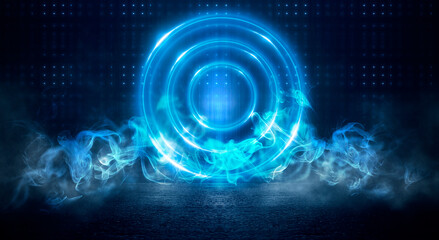 Neon circle. Dark street, neon light, smoke. Abstract dark background with neon glow, Wet asphalt, reflection on the water. Neon Rays and Lines.