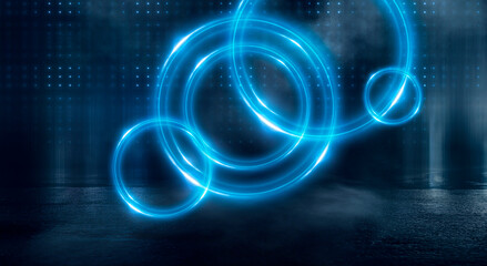 Neon circle. Dark street, neon light, smoke. Abstract dark background with neon glow, Wet asphalt, reflection on the water. Neon Rays and Lines.