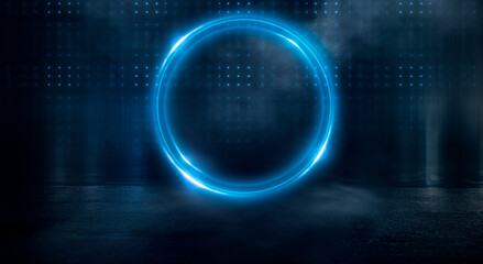 Neon circle. Dark street, neon light, smoke. Abstract dark background with neon glow, Wet asphalt, reflection on the water. Neon Rays and Lines.