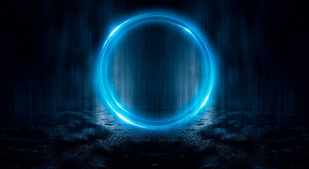 Neon circle. Dark street, neon light, smoke. Abstract dark background with neon glow, Wet asphalt, reflection on the water. Neon Rays and Lines.