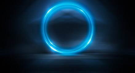 Neon circle. Dark street, neon light, smoke. Abstract dark background with neon glow, Wet asphalt, reflection on the water. Neon Rays and Lines.