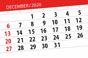 Fototapeta premium Calendar planner for the month december 2020, deadline day