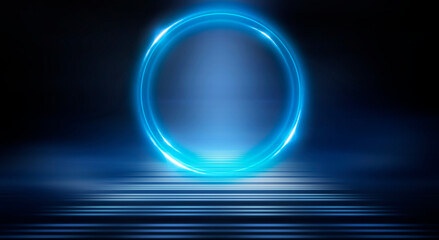 Neon circle. Dark street, neon light, smoke. Abstract dark background with neon glow, Wet asphalt, reflection on the water. Neon Rays and Lines.
