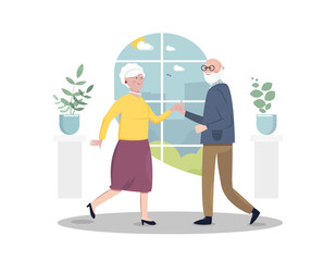 Senior social active lifestyle concept. Senior woman and man are dancing. Vector flat illustration. Template design for poster, card, web, etc. 