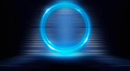 Neon circle. Dark street, neon light, smoke. Abstract dark background with neon glow, Wet asphalt, reflection on the water. Neon Rays and Lines.