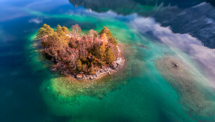 Autumn lake Eibsee view from top with Caribbean water colors