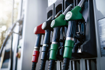 A bright photography of guns with various colours. Modern refueling station. No people.