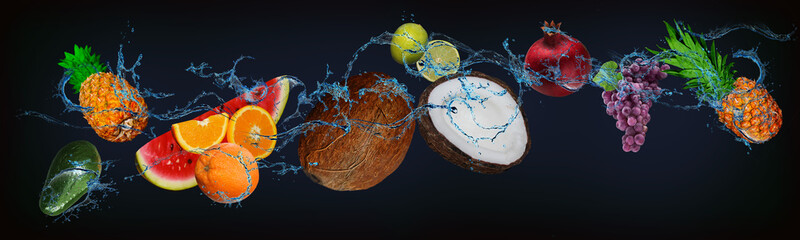 Panorama with juicy fruits in the water - kiwi, melon, pear, avocado, orange, grape is a sweet treat for our belly