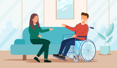 Psychological help for disabled people concept. Support for adaptation in society. Man in in wheelchair at psychologist consultation. Cartoon flat vector illustration with fictional characters