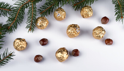 Chocolate candy in a box with christmas decoration