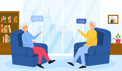 Senior couple resting at home. Happy elderly people talking, sitting in armchairs. Living room interior. Flat cartoon vector illustration with fictional chatacter. Spending time together.