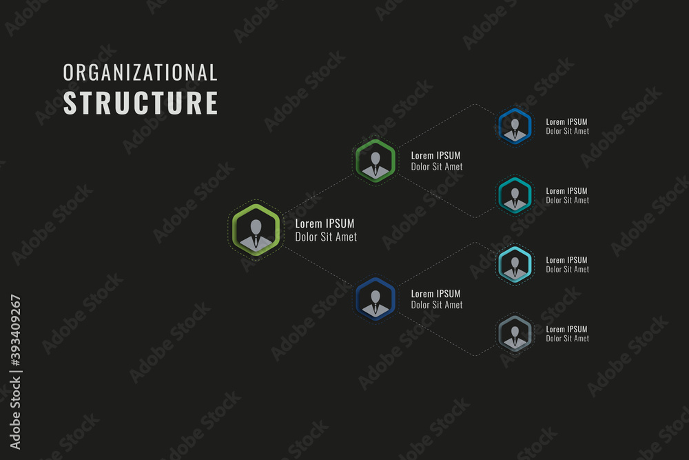 Aufkleber horizontal organizational structure of the company template. multicolor hexagonal elements with pers