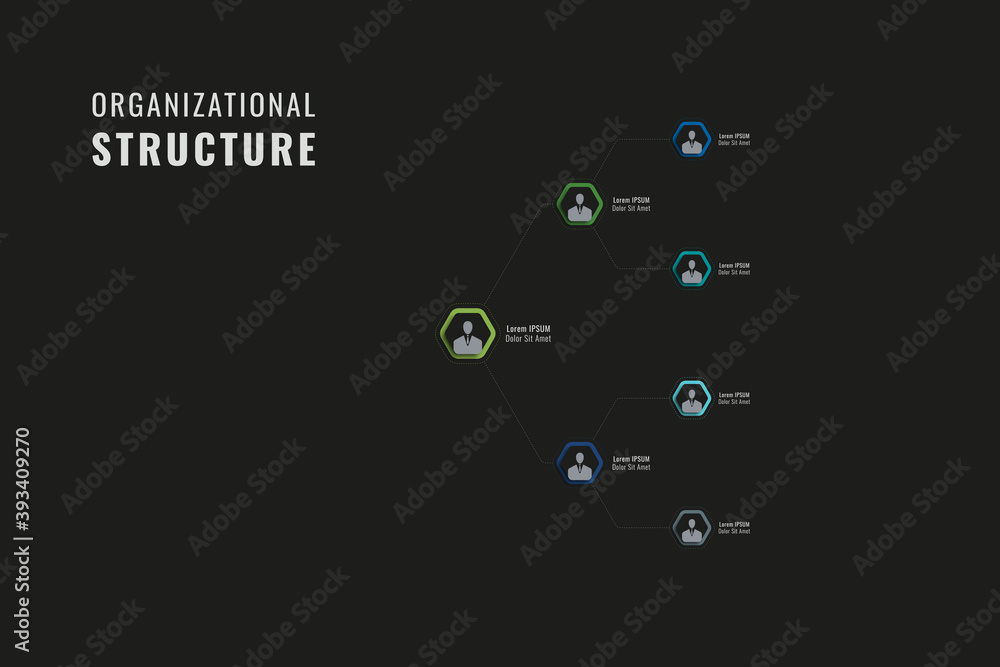 Poster horizontal organizational structure of the company template. multicolor hexagonal elements with pers
