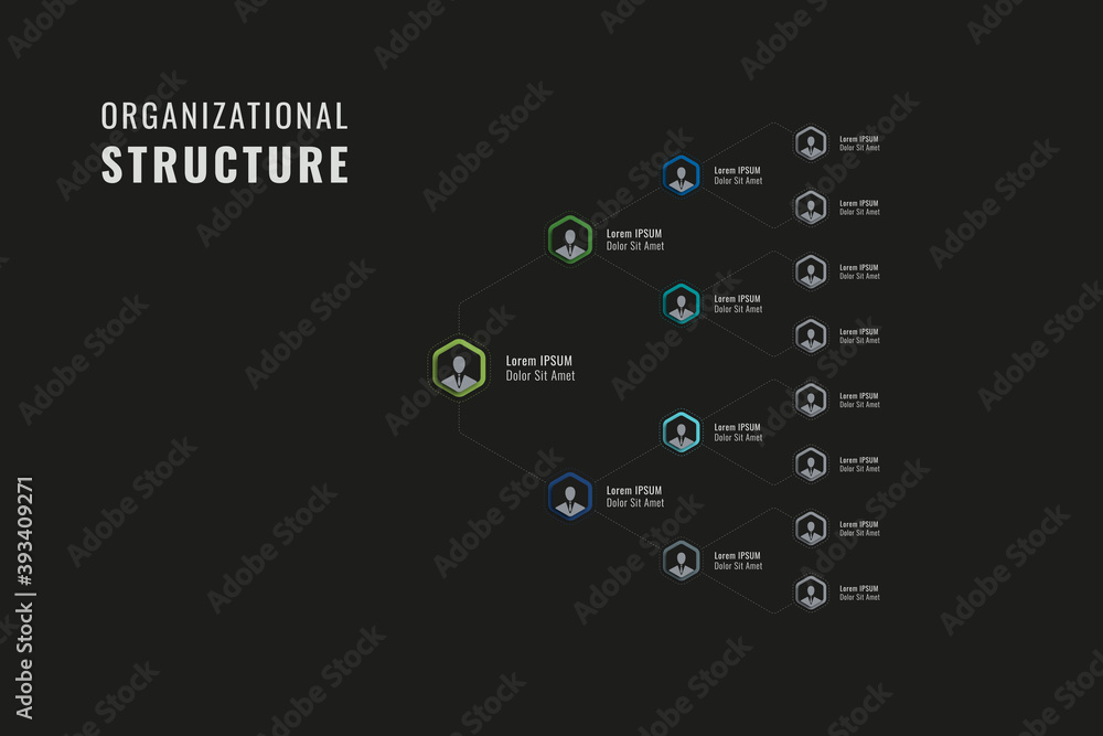 Aufkleber horizontal organizational structure of the company template. multicolor hexagonal elements with pers