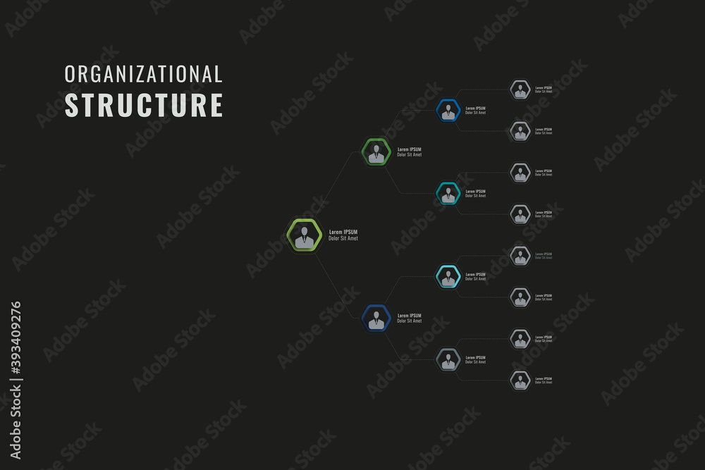 Aufkleber horizontal organizational structure of the company template. multicolor hexagonal elements with pers