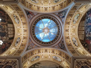 Newly renovated building of the National Museum in Prague. Photographs of interiors, architecture, neo-renaissance, lighting, ceiling, roof dome, staircase.
