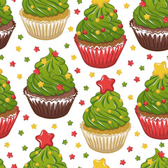 Seamless Christmas pattern with cupcakes. Christmas green tree with star and garland. Cupcake with cream frosting. Bright vector background for New Year wrapping paper, cards, fabrics etc.