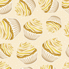 Seamless pattern with vanilla cupcakes with whipped cream. Vector background for wrapping paper, cards, fabrics etc. Cupcake with cream cheese frosting.