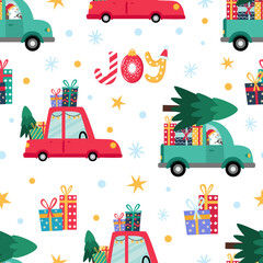 Naklejka premium Christmas and New Year seamless pattern. Red car, green truck, snowflakes, snowman driver, star. Joy lettering. Fir tree and gifts delivery. Isolated vector background for wallpaper, wrapping, textile