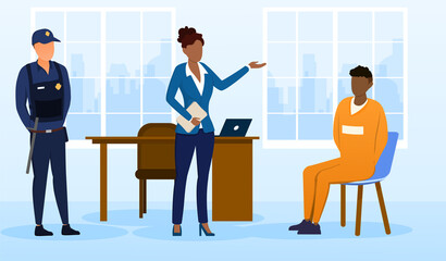 Obraz premium A female investigator, detective or lawyer is interrogating or communicating with a suspect in a crime in her office, accompanied by a police officer. Cartoon flat vector illustration