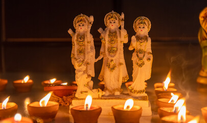 Lord Ram  idol brightening with Diya candle light on the occasion of Diwali. Diwali is the major...