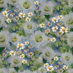 Pyrethrum and chrysanthemums on a watercolor background. Seamless pattern hand draw watercolor illustration. Textile composition, fashion, garden, template for design print, fabric, wallpaper and box.