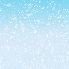Snow background. Winter snowfall. White snowflakes on blue sky. Christmas background. Falling snow.