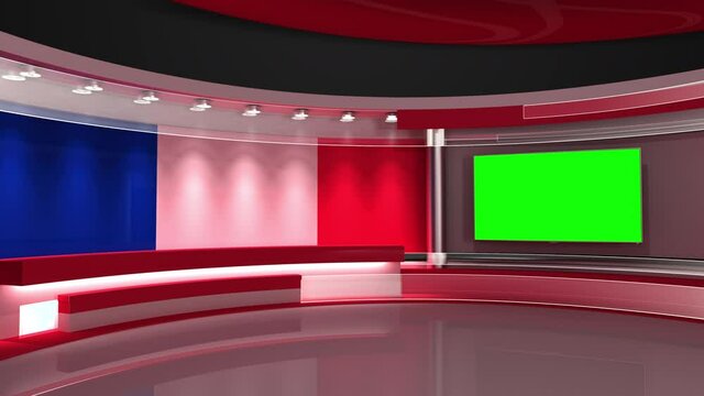 TV studio. france flag studio. france flag background. News studio. The perfect backdrop for any green screen or chroma key video or photo production. 3d render. 3d