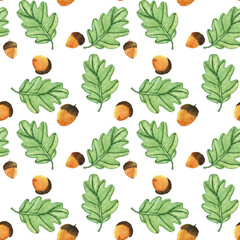 Seamless pattern of green oak leaves and acorns on white background. Watercolor hand drawing illustration. Perfect for foliage digital paper, wallpaper, print, fabric, card. Cute floral design.