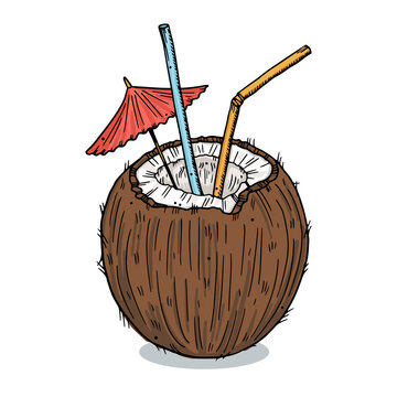 recommend clip art: Illustration cocktail in half a coconut, with straws and an umbrella on a background of tropical leaves.
