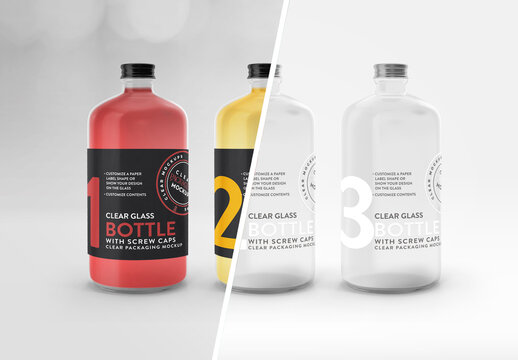 3 Clear Bottles with Screw Caps Mockup
