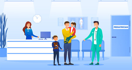 A man with children with his daughter and son at a pediatrician appointment. Medical checkup and prescription for parents. Modern flat cartoon vector illustration with fictional characters.