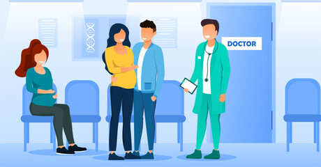 Pregnant woman with husband queue to doctors office. Another girl wait for turn. Pregnancy specialist maintaining and Healthcare. Hospital Hallway Interior. Cartoon vector flat Illustration