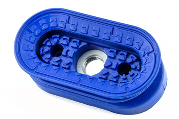 Blue bellows suction cup used in the robotic industry, isolated on a white background.