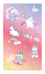 Set of cute unicorn icons, rainbow and stars. Baby stickers vector, cartoon design.