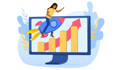 Internet website promotion, SEO strategy. Audience increase, business solutions. Content plan, copywriting, boost in traffic metaphors. Cartoon flat vector illustration with fictional character