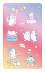 Set of cute unicorn icons, rainbow and stars. Baby stickers vector, cartoon design.
