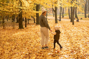 Fototapeta premium Young mother with her son enjoying a beautiful autumn day and a walk in the park. Golden yellow foliage holding hands. Photo in full growth, view from the back