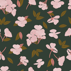 Vector seamless pattern with flowers in a green background.
