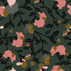 Vector seamless pattern with flowers in a green background.