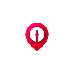 red map pointer and a fork for a restaurant icon or symbol, a cafe logo or other dining place
